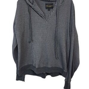 Threadgrit XL Gray Waffle‎ Knit V-Neck Hoodie Drawstring Pullover Sweatshirt